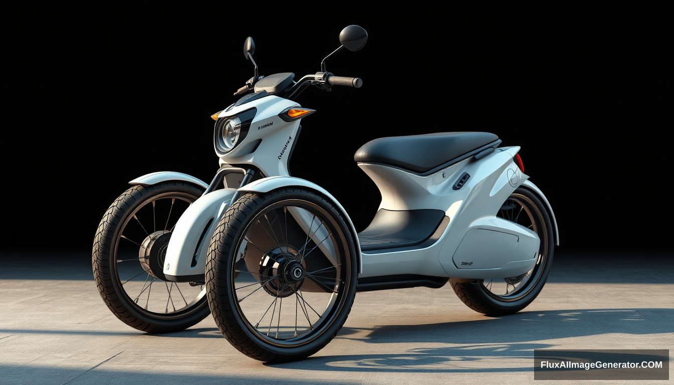 3-wheeled concept scooter, (just 2 wheels in front), (only 1 in back), 4k, wide bicycle wheels, detailed. - Image