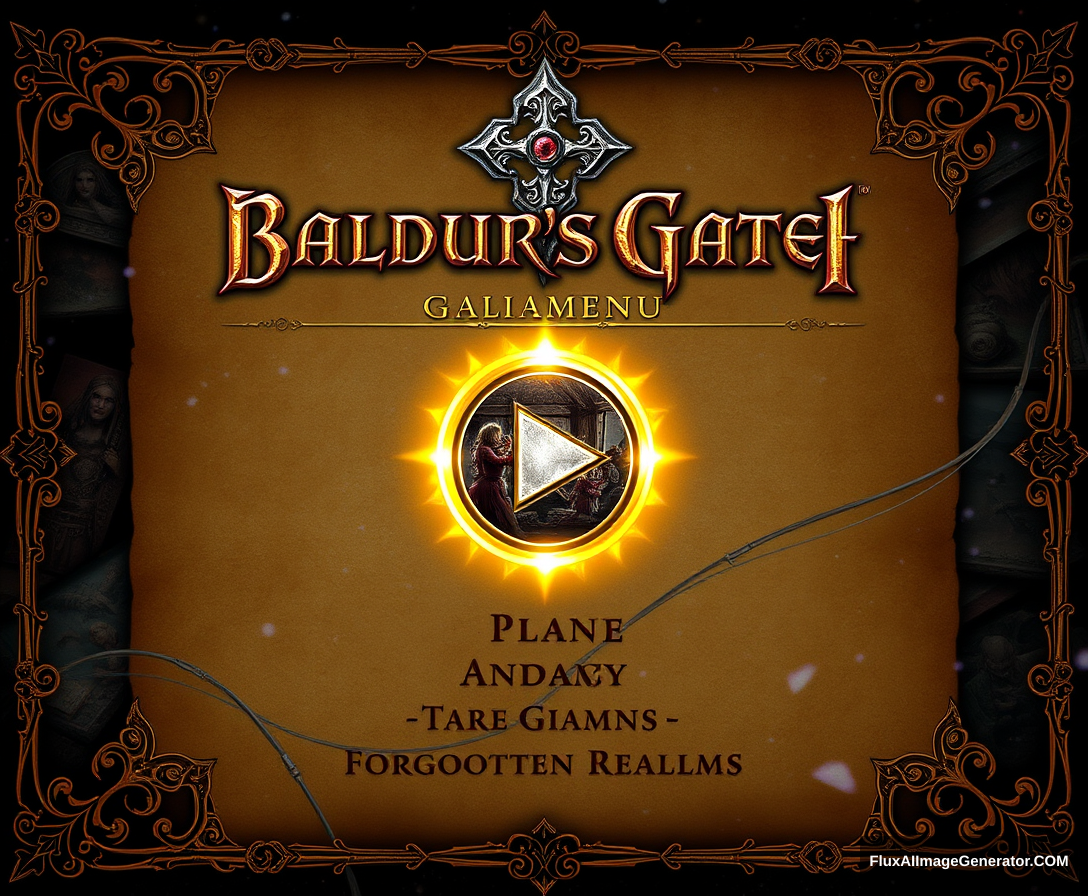 Immersive UI/UX design for Baldur's Gate 4 main menu: medieval fantasy aesthetic with intricate golden filigree borders. Central play button glows with arcane energy. Weathered parchment background displays dynamic scenes from the Forgotten Realms. Ambient magical particles float across the screen. - Image