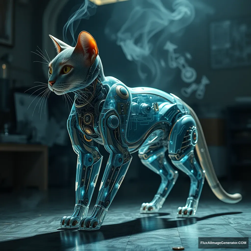 A biomechanical feline, its translucent legs revealing intricate gears and pulsing circuits, stands poised in a dimly lit laboratory. Hyper-realistic rendering captures every whisker, metallic sheen, and flowing wire. Steam rises, mixing with holographic blueprints. Shadows dance, echoing Da Vinci's anatomical studies. - Image