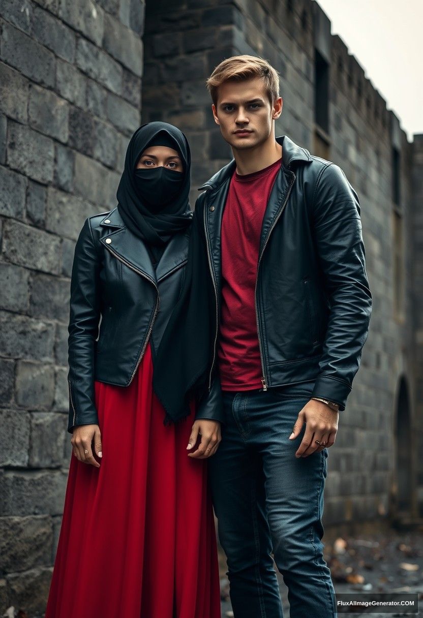 A biggest black hijab girl, beautiful eyes, face mask black, black leather jacket, biggest red longest dress, untall,

Jamie Dornan, handsome, face mask black, fit and tough body, metal red t-shirt, black leather jacket, jeans, tall man,

standing near wall together,
Hyper realistic, photorealistic, street photography, Victoria's abandoned castle, gloomy, darkness. - Image