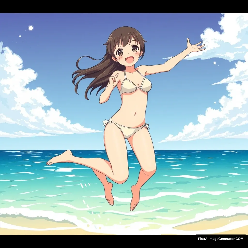 Japanese girl beach jump smile bikini teenage animation dotstyle. - Image