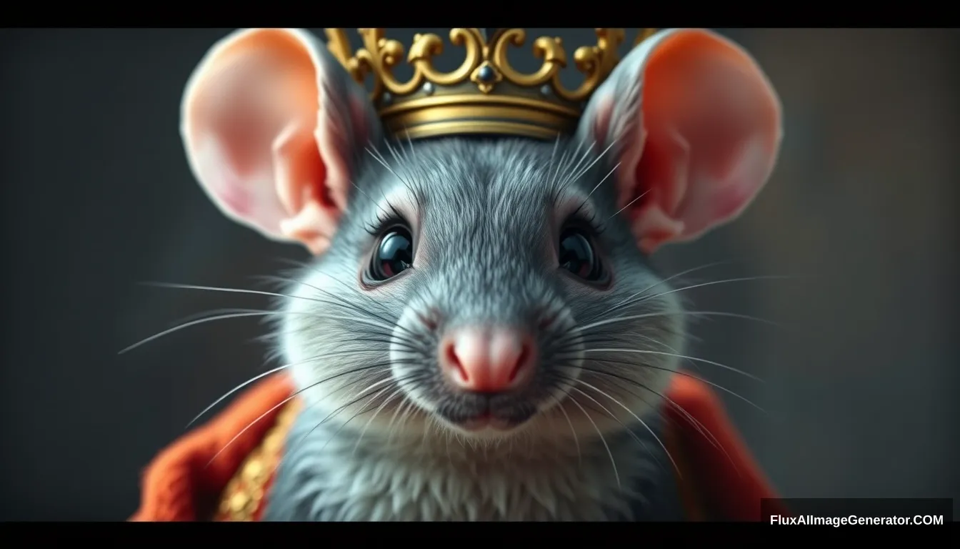 Fantasy cute anthropomorphic rat king in crown, octane render, there is a king text in the crown.