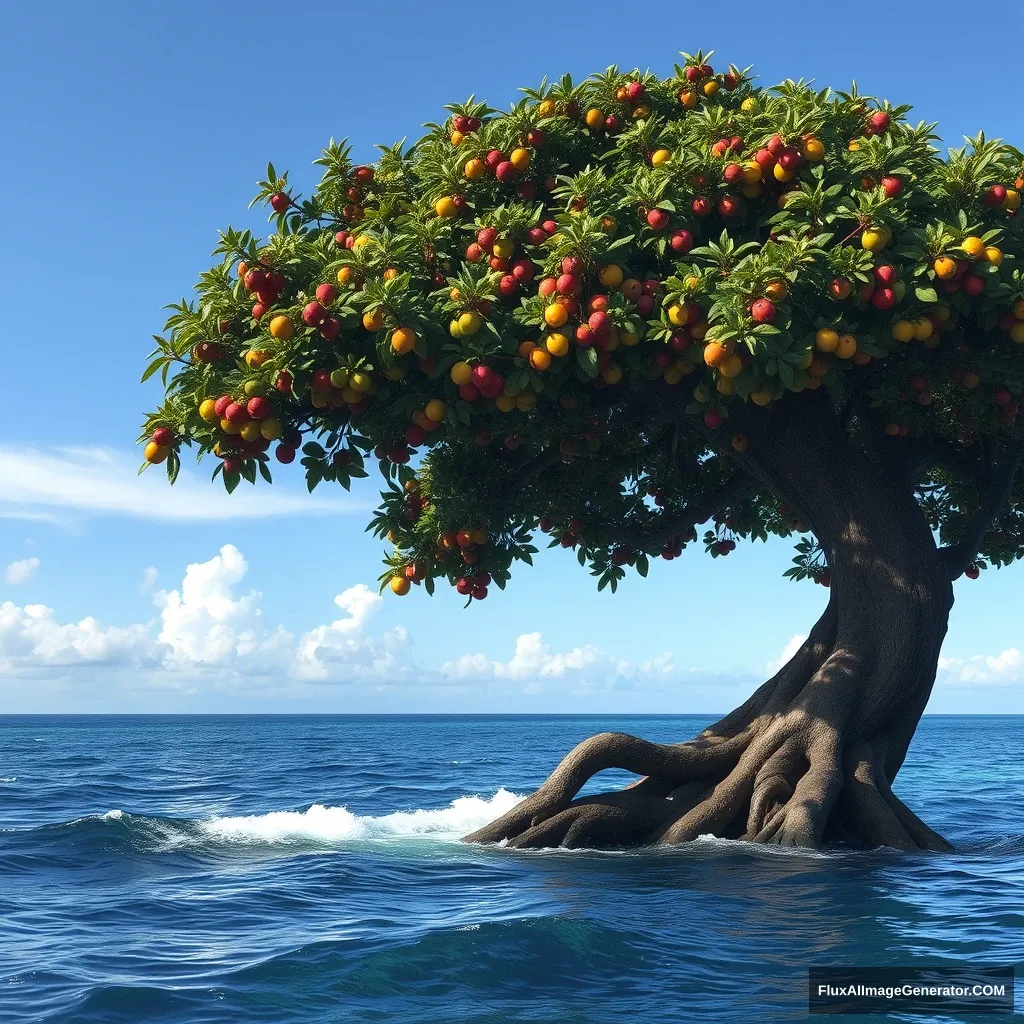 A big tree on the ocean, many colorful fruits on the tree.