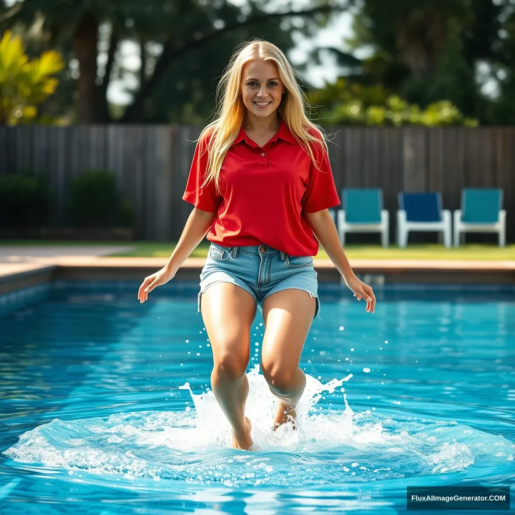 Front view of a young blonde skinny woman who has a good tan is in her early twenties in her massive backyard wearing a massively oversized red polo t-shirt which is a bit off balance on one of the shoulders and the bottom part of her t-shirt isn't tucked in. She is also wearing M-sized light blue denim shorts and she is wearing no shoes or socks. She dives into her pool and her legs are straightened out and halfway underwater making a big splash.