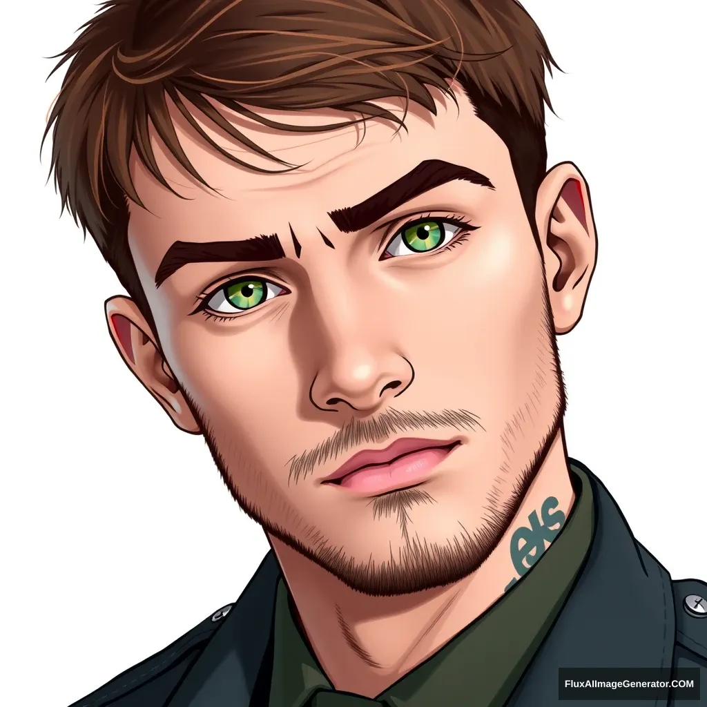 Solo, looking at viewer, short hair, brown hair, 1 boy, white background, green eyes, male focus, necktie, uniform, military, military uniform, facial hair, thick eyebrows, portrait, bara, beard, sideburns, mature male, American appearance, tattoo on the neck. - Image