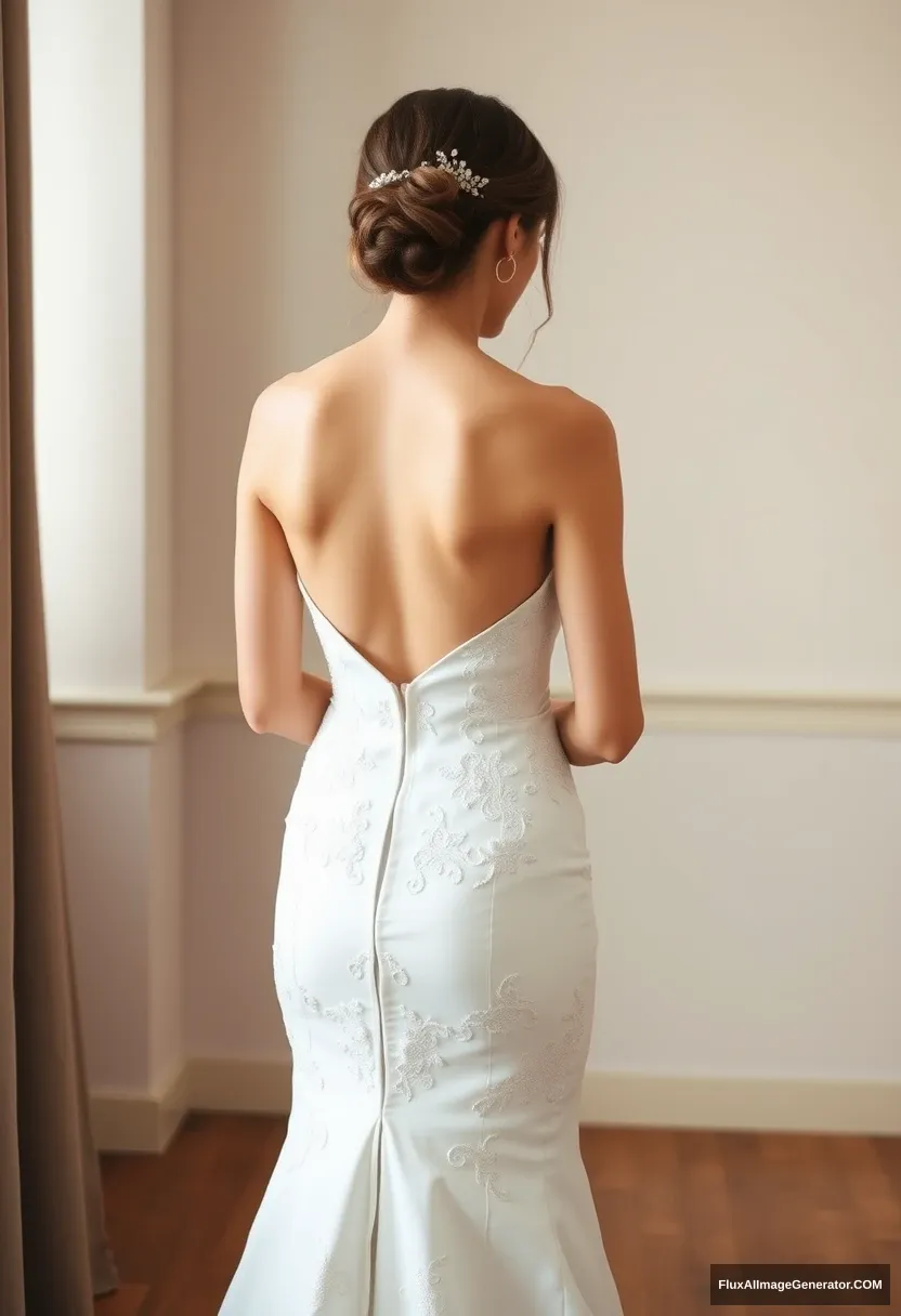 a short young woman, sensitive, delicate, ashamed, backless strapless side-less low-waisted contouring wedding dress, in front of patriarchy, expectations