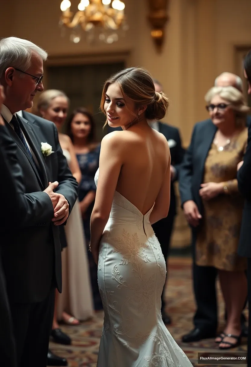 A petite young woman, sensitive, delicate, affectionate, wearing a backless, strapless, side-less, low-waisted, thigh-cut contouring wedding dress. Fawning obediently while mingling with fathers. Expectations. Perfect posture. Pale skin.