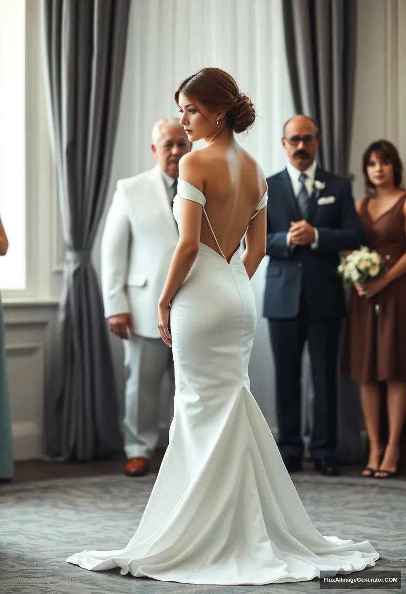 A short young woman, sensitive, delicate, wearing an off-shoulder backless strapless side-less low-waisted contouring wedding dress with a loose open back that seems like it's spilling to the sides, standing in front of elder patriarchy, expectations, and perfect posture. - Image