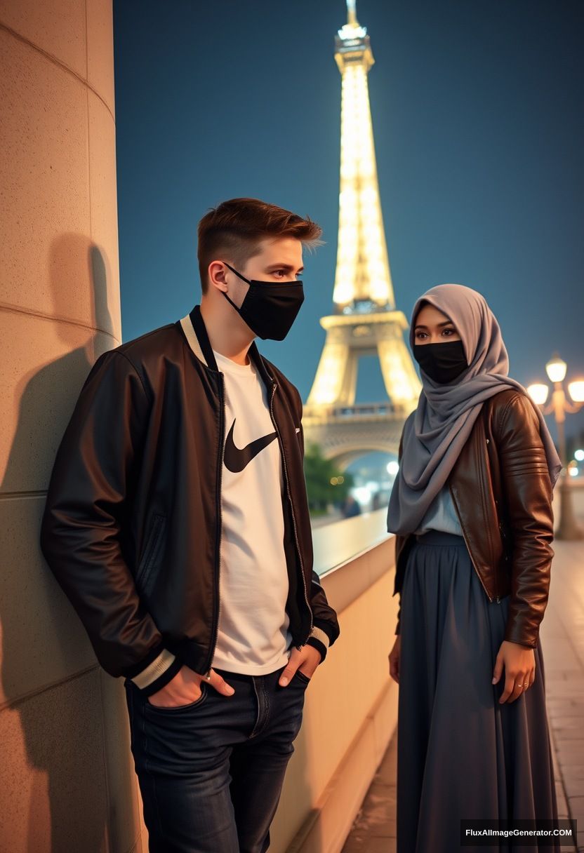 Jamie Dornan, youngest, black face mask, collage jacket, Nike t-shirt, jeans, tall man, fit body,

Dating, love with the biggest grey hijab Muslim girl, beautiful eyes, black face mask, leather jacket, biggest longest skirt, cute not tall girl,

standing by a wall, an Eiffel Tower, night scenery, hyper-realistic, photorealistic, street photography. - Image