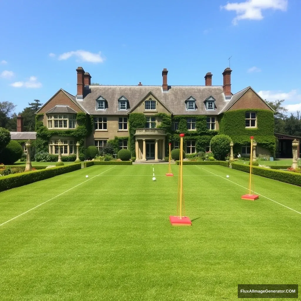 Full size croquet lawn in the garden of a manor house with mallets and balls. - Image