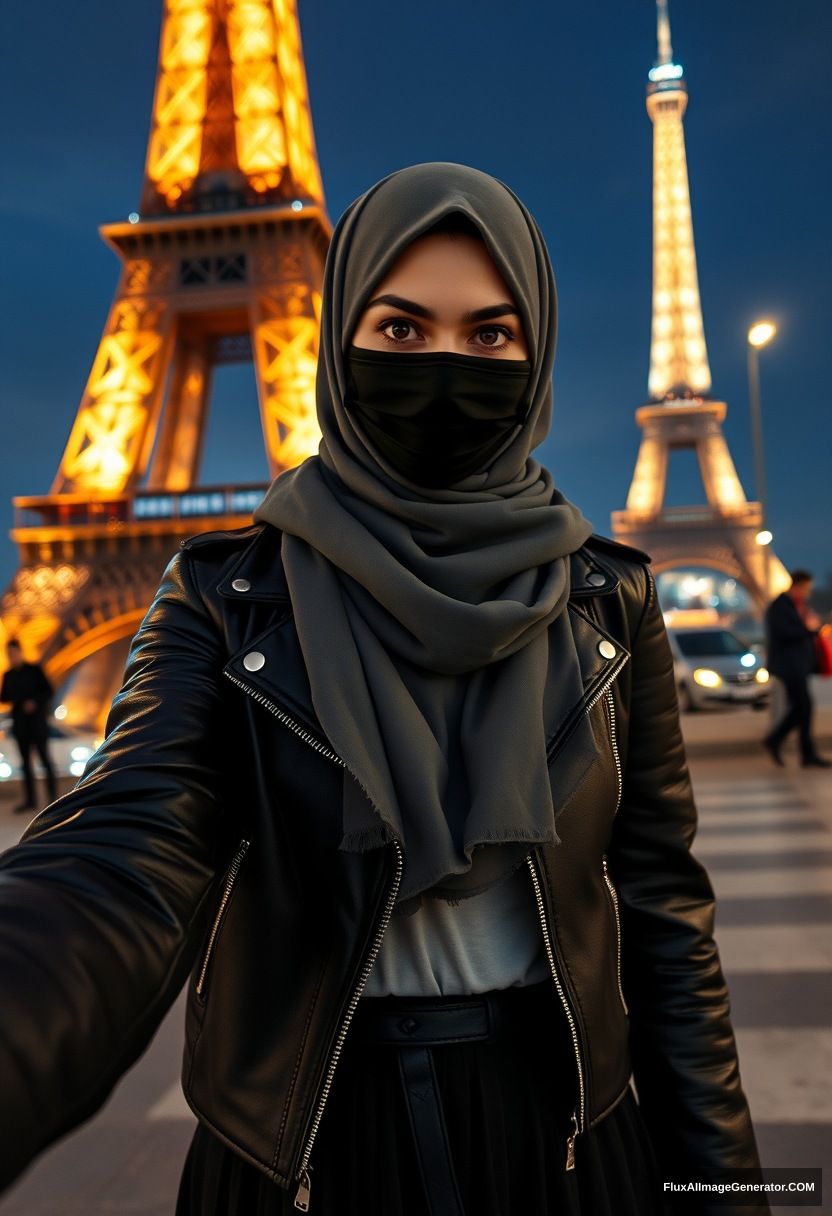 Biggest grey hijab Muslim girl, beautiful eyes, face mask black, leather jacket, biggest longest skirt, standing near Eiffel Tower, night scenery, hyper realistic, photorealistic, selfie photos. - Image