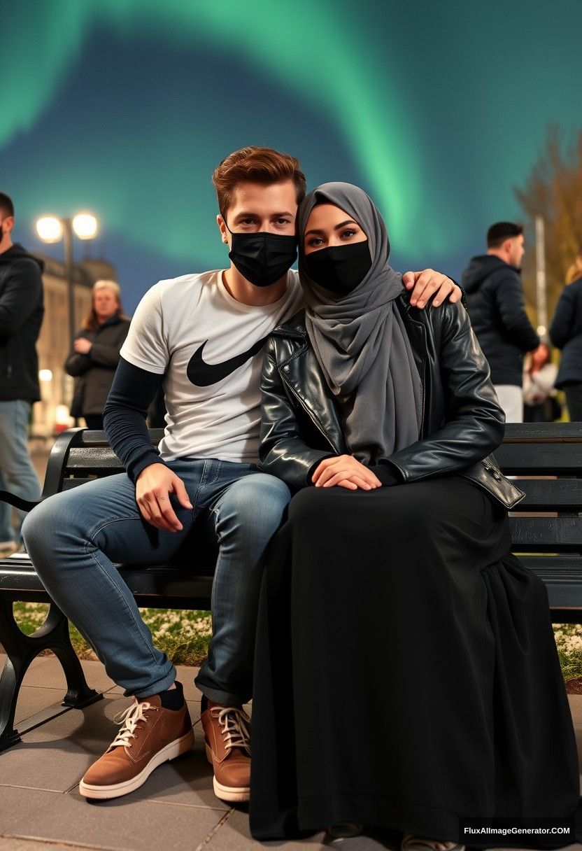 Jamie Dornan, tall and young, wearing a black face mask, a white Nike t-shirt, and jeans, is dating a beautiful Muslim girl in a grey hijab with striking eyes, also wearing a black face mask and a leather jacket, and very long and large skirt. She is not tall. They are sitting together on a park bench, leaning on each other's shoulders in town, with strangers in the background. The scene is photorealistic, like a selfie, set against a night backdrop with the aurora borealis. - Image