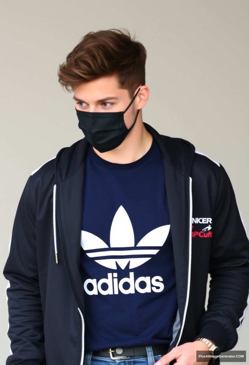 Jamie Dornan, youngest, black face mask, dark blue Adidas T-shirt, collage jacket, jeans, fit body.