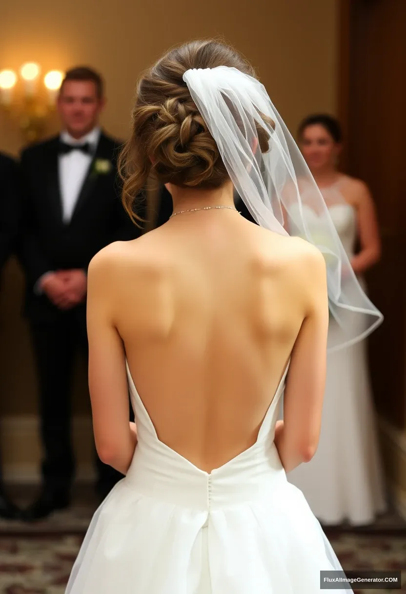 A short young woman, sensitive, delicate, ashamed, in a backless, strapless, small-waisted wedding dress, facing patriarchy and expectations.