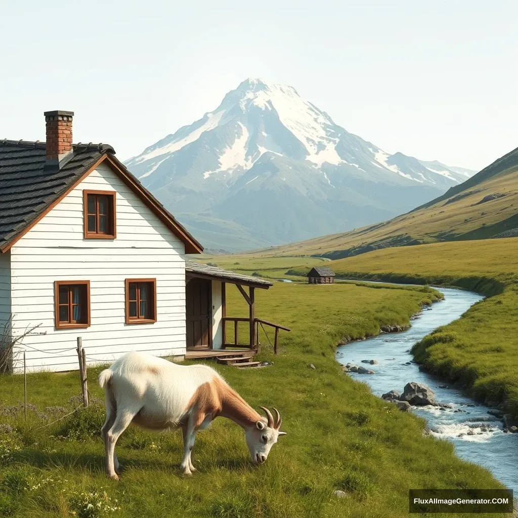 A house in the rural area has a mountain in the background, a river on the right side, and a goat eating grass.