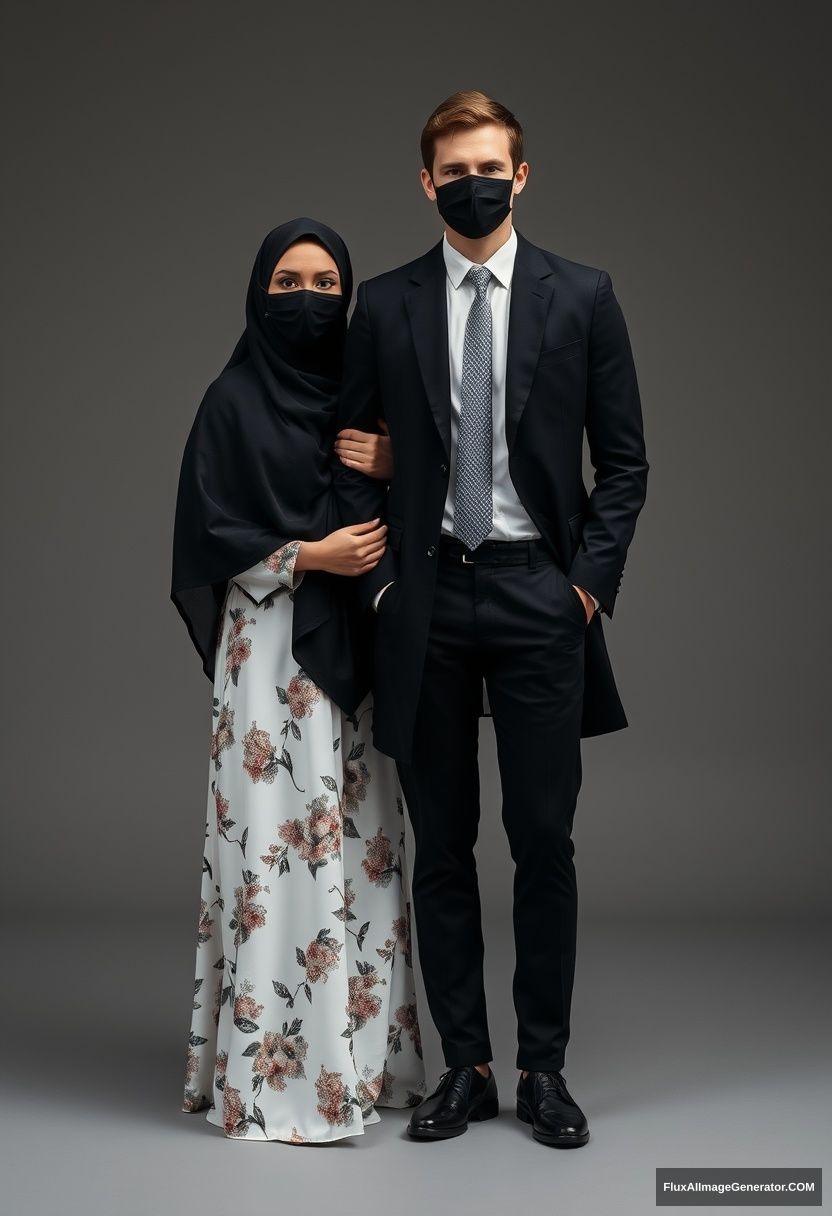 A biggest black hijab girl, beautiful eyes, face mask black, biggest white floral longest dress, not tall, standing, holding his arm

Jamie Dornan, youngest, black suit coat, white shirt, grey patterned tie, black leather sneakers, tall man, face mask black, fit tough body, standing near her, love couple 

hyper realistic, studio photography, photorealistic