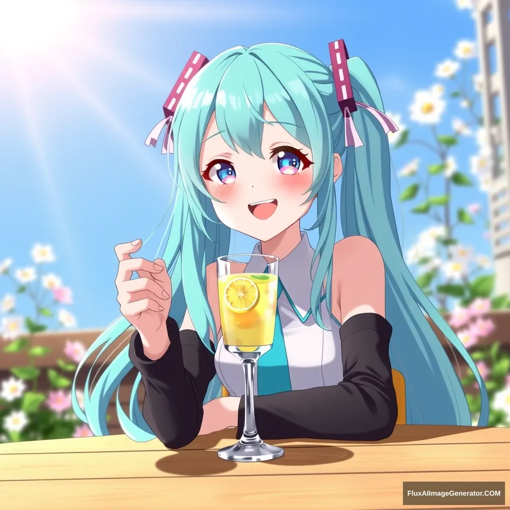 Hatsune Miku sitting at a sunny table, holding a glass of lemon tea with a slice of lemon on the rim. She has a cheerful expression, her turquoise hair flowing gently in the breeze, and the sunlight casting a warm glow around her. The background features blooming flowers and a clear blue sky, enhancing the serene atmosphere.