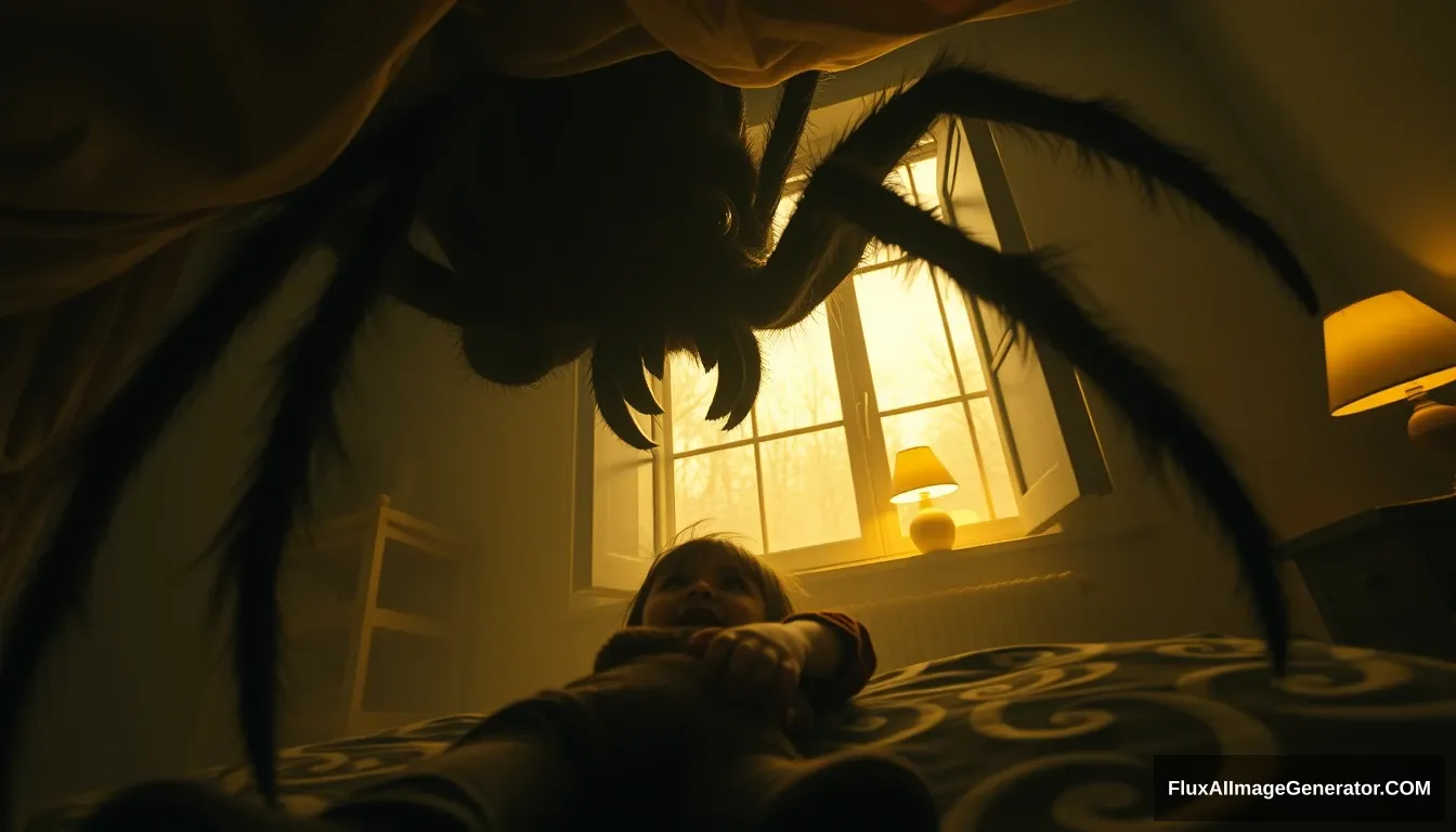 Horror film, view from a child hiding under the bed of a person, giant monstrous hairy spider with many large eyes, extending its long arms to grab a child's leg. Child is holding her teddy bear, monster with glowing eyes below the bed stretching its long hairy arm toward the child, dusty and misty low light only lit by a small table lamp, large open window, first person view, low angle, scream, yellow glow, flying dust. - Image