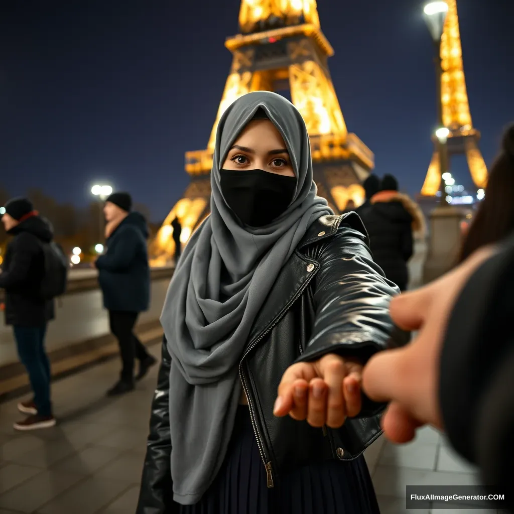 Biggest grey hijab Muslim girl, beautiful eyes, black face mask, leather jacket, biggest longest skirt, standing near the Eiffel Tower, night scenery, strangers in the background, hyper-realistic, photorealistic, street photography, holding someone's hand from the opposite side, selfie.