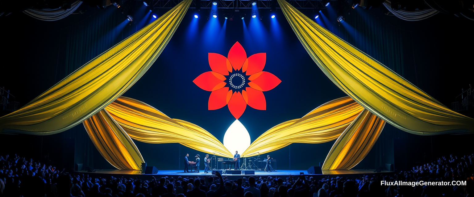 Music stage inspired by diamonds, large LED screen in the center inspired by the flower in the photo link: stage with winding silk strips, central LED screen inspired by diamond shapes, piano, dancers, singers, dark blue light, sparkling lights, vibrant audience. - Image