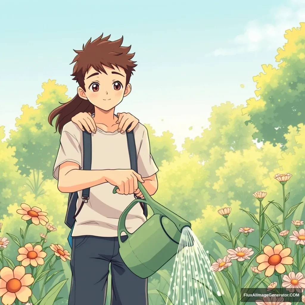 Anime lineart, front view of a handsome tall boy watering the flowers, while a young woman standing behind him puts both hands on his shoulders; she tilts her head and looks curious. - Image