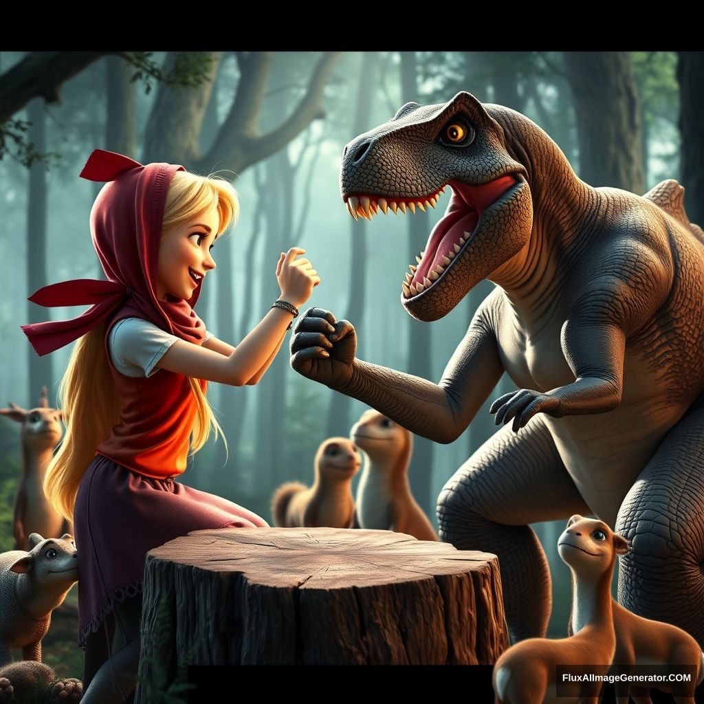 20-year-old blonde Masha with her red scarf on her head and the muscular Dinosaur T-rex, arm wrestling on a stump in the middle of the forest, watching each other with smiling, screaming faces, other forest animals watching from the side, photorealistic, natural colors, spotlight, 8K rendering.