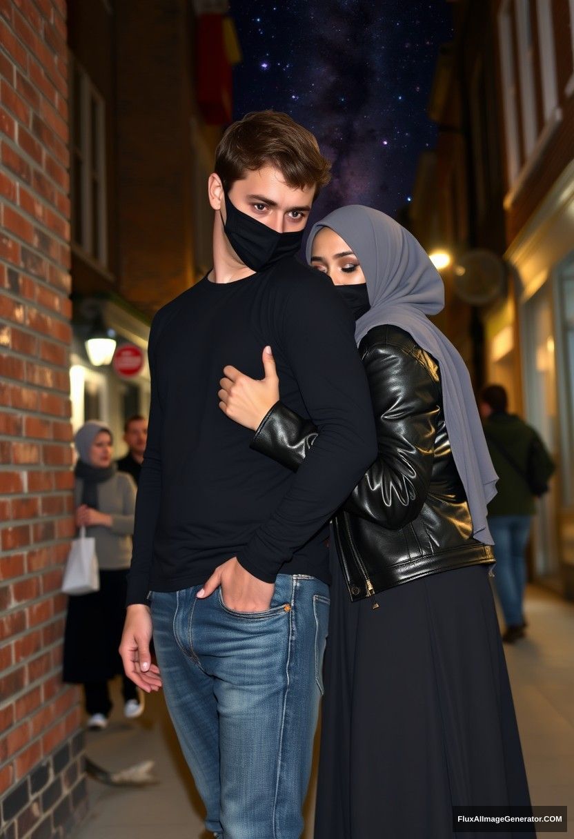 Jamie Dornan, tall, young, wearing a black face mask, playboy in a black long-sleeve t-shirt, jeans, 

dating a beautiful Muslim girl in a grey hijab with beautiful eyes, wearing a black face mask, leather jacket, very long and large skirt, not a tall girl,  

She's crying, laying on his shoulder, being hugged from behind, flirting and persuading her, against a brick wall, in a town, photorealistic, street photography, night scenery, Milky Way. - Image