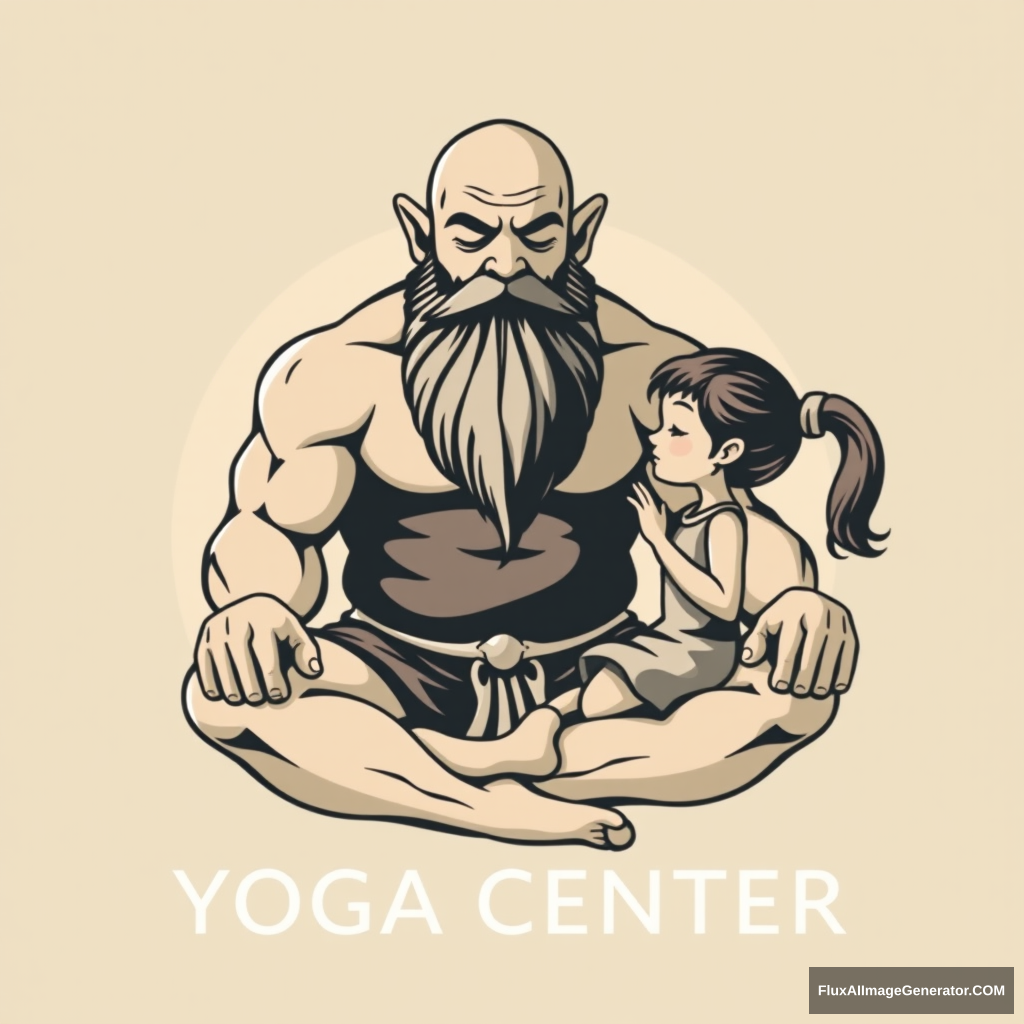 Yoga Center logo: a muscular large bald dwarf with a beard in the lotus position exchanges energies with a girl. - Image