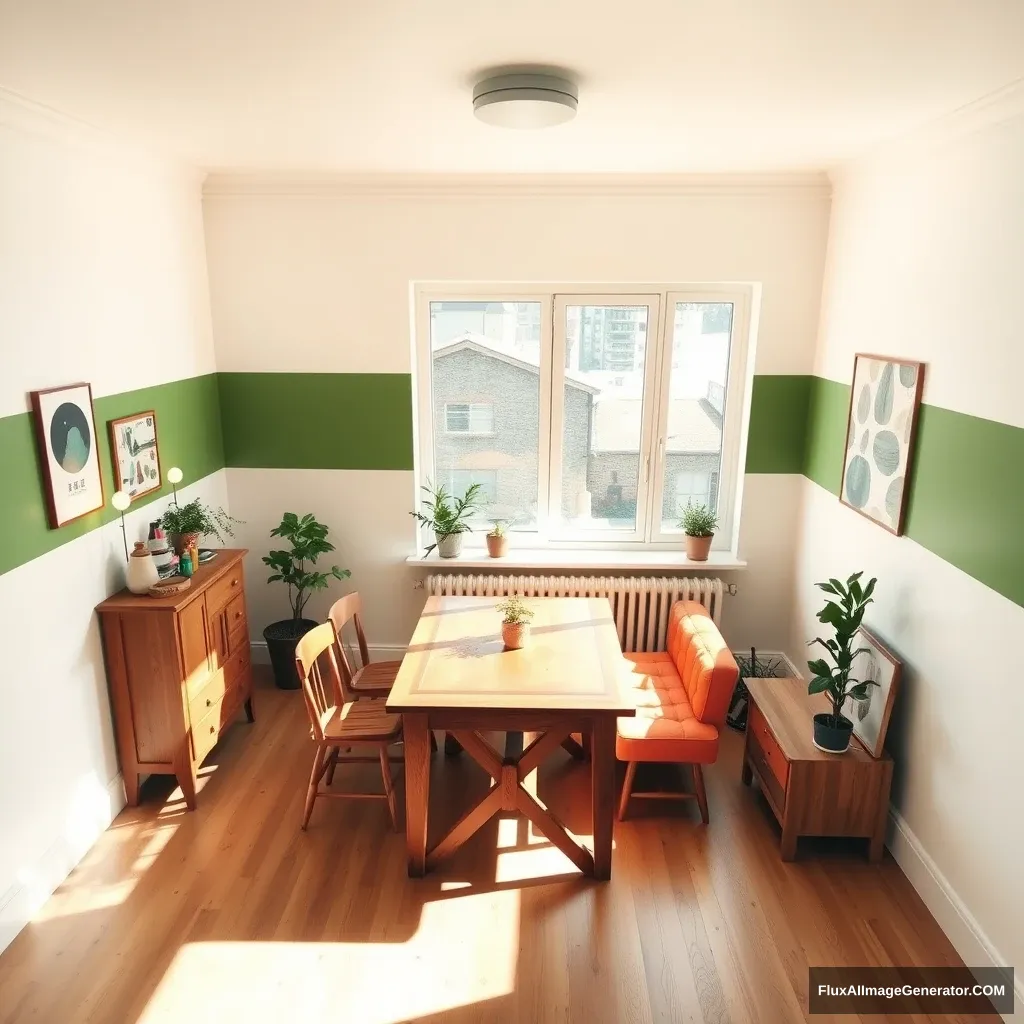 A cozy room, with one large window in the middle. It is sunny, but the light is not blinding. The room has a wooden eating table towards the window. The paint on the wall is both eggshell white and green with a horizontal line dividing them, the green at the bottom. There is a sofa with a small sofa table, and some plants and light bulbs, to make it cozy. The window is very big, 1.5x1.5 meters. The wood on the tables is the same, and the color of the sofa is a shade of orange. There is a dresser in the room too, up against the wall. There are art supplies in it, like for painting with watercolor. On the wall is a cool poster that has something to do with Korean, which should have something written in Hangul. There are not too many tables. There is a radiator under the full length of the window. There is a ceiling light. Show it from a bird's eye view.