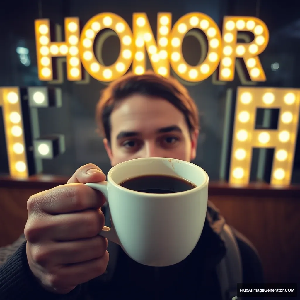 "A selfie with a cup of coffee, with the background featuring the glowing letters 'HONOR'. The picture style is retro, capturing a true representation."