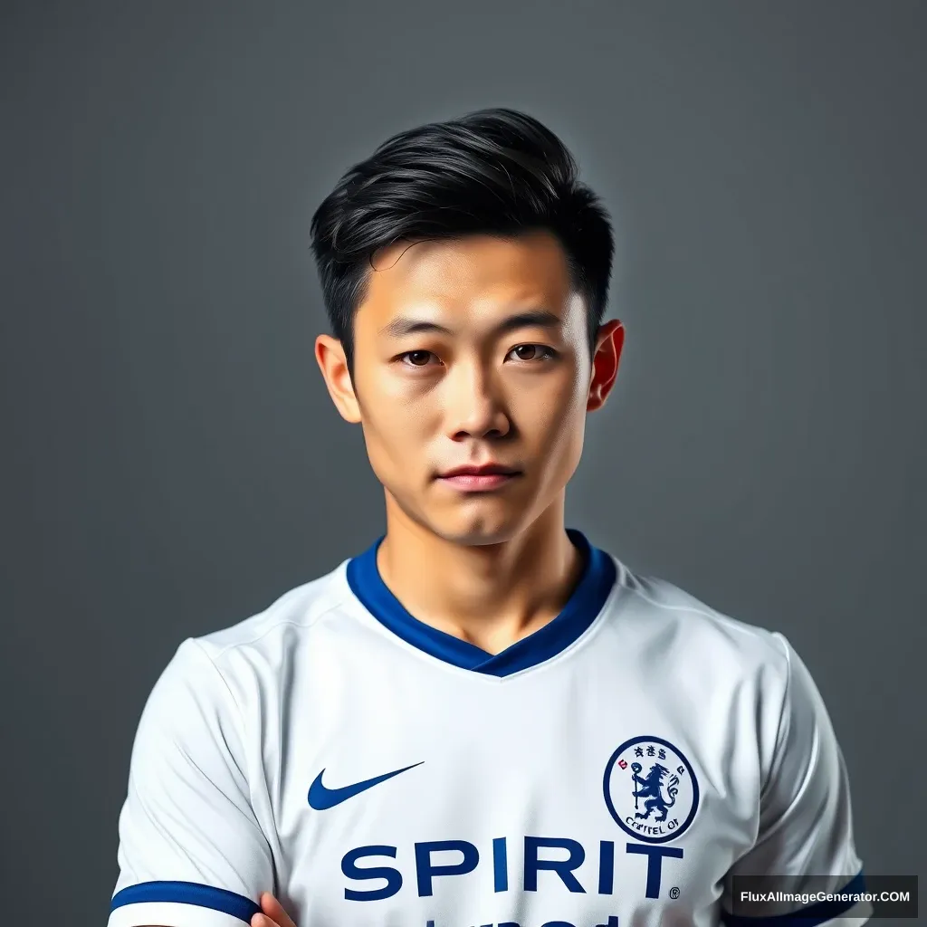 A high-quality portrait photo of a Chinese man with fair, delicate skin, wearing a white short-sleeve soccer jersey with blue cuffs and a blue collar, the word "SPIRIT" written on the chest. He strikes a confident and imposing pose, his gaze determined and bright. The image is of a player, taken in medium shot with Rembrandt lighting in a studio against a gray background. - Image