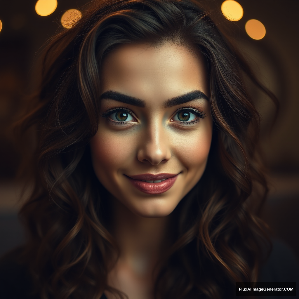 Realistic looking woman gazing into the camera. She looks madly in love with a man, you can see it in her eyes. She feels anxious as she is unsure how he feels about her. She also feels confident about herself and who she is. Her eyes are blurred, her hair is long and brown with natural curls. There are dim lights in the background. Her cheeks radiate a warm blush and her slight smile shows her inner peace and tranquility. She is not insecure about her figure at all.