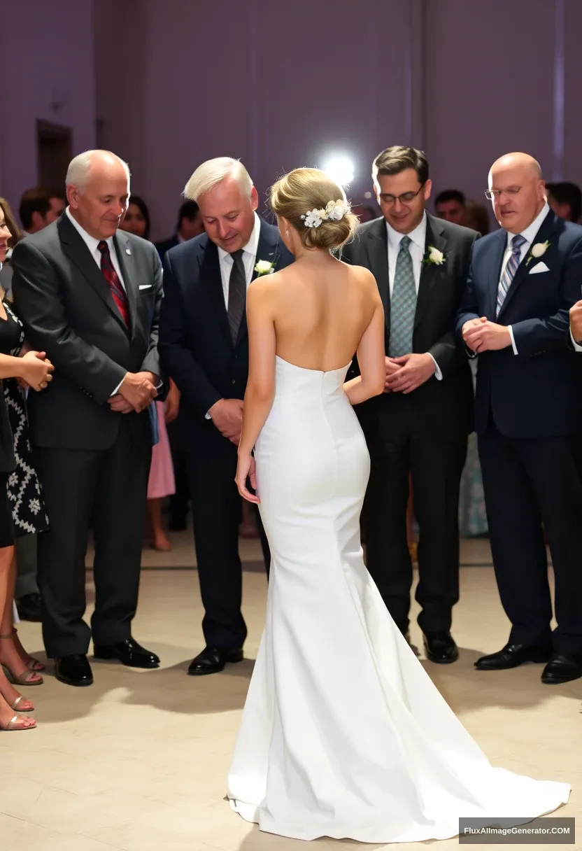 a petite young woman, sensitive, delicate, affectionate, compassionate, adorable, backless strapless side-less low-waisted thigh-cut contouring wedding dress. Fawning obediently mingling with fathers. Expectations. Perfect posture. Pale skin. Flash photography.