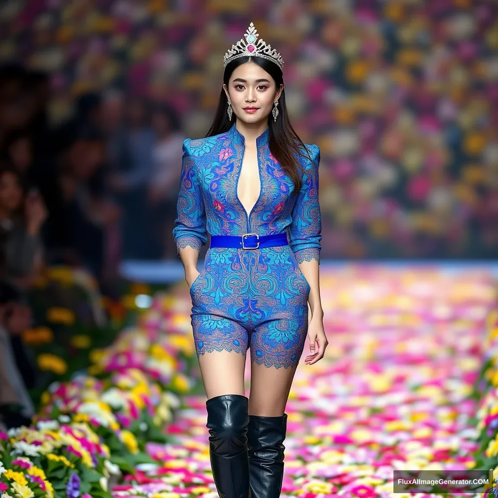 A Korean female fashion model is wearing a jumpsuit styled one-piece (colorful patterned based on blue), a jeweled fancy tiara, and leather long boots. The front of the top is open. It is a colorful flower runway with a defocused background crowd. - Image