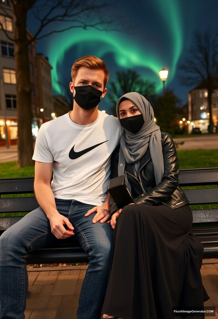 Jamie Dornan, tall, young, wearing a black face mask, a white Nike T-shirt, and jeans, dating a beautiful Muslim girl in a grey hijab, with lovely eyes, wearing a black face mask, a leather jacket, and a very long and full skirt, who is not tall. They are sitting together on a park bench in town, in a photorealistic style, with street photography, selfie photos, and a night scenery featuring the aurora borealis. - Image