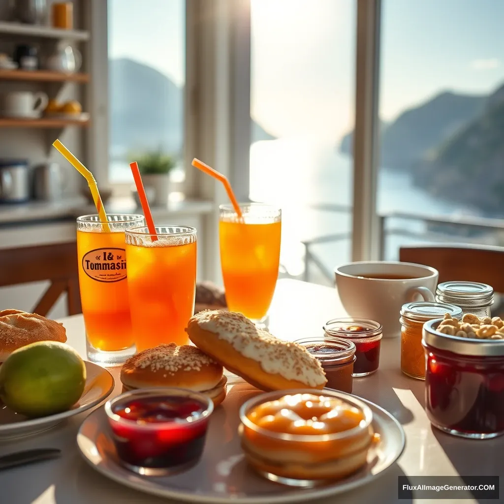 Imagine a sunny Sunday morning, with a table set for a delicious breakfast. In the center, the “I Tommasini” pastries are prominently displayed, with some eye-catching chocolate cookies. Next to them, a glass of orange soda with a colorful straw, a fresh kiwi, and a bowl of crunchy cereal. Various vibrant jams are arranged in small jars, ready to be spread. In the background, a blurred kitchen offers a lovely view of the Amalfi Coast, with the sun gently illuminating the surroundings. The atmosphere is warm and welcoming, perfect for starting the day with taste and serenity. Technical details: 8k resolution, vibrant and bright colors, focus on the pastries and breakfast elements.