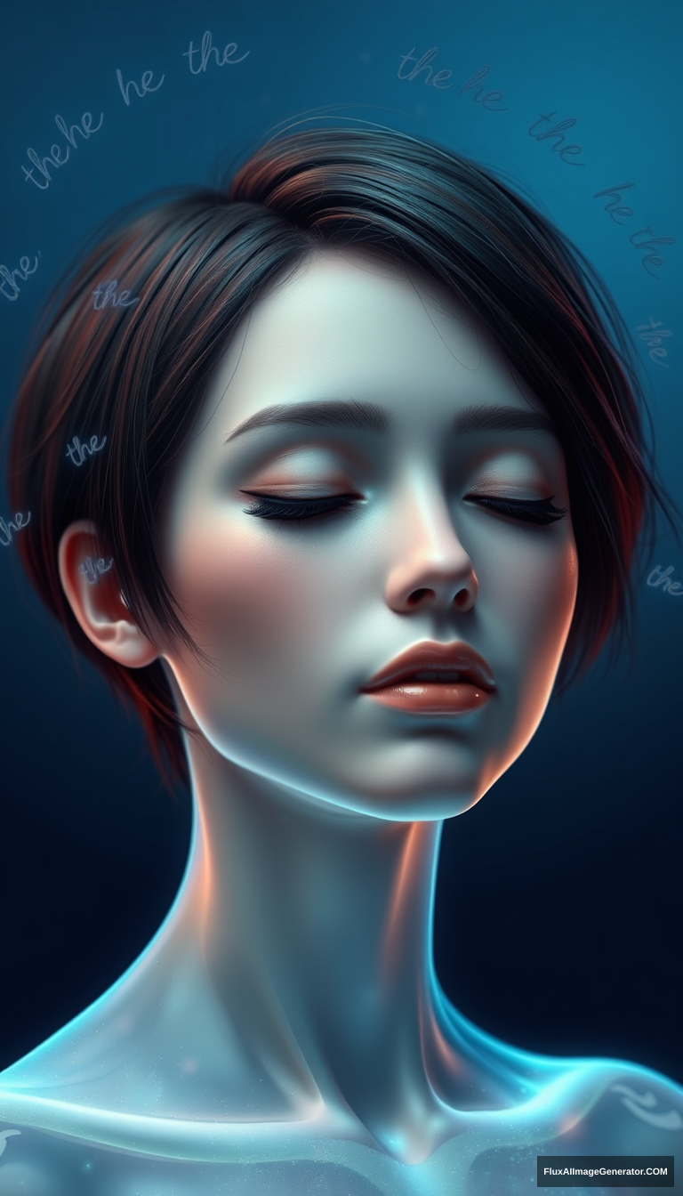 This is a highly detailed, CGI-rendered digital artwork depicting a young woman with a fair complexion and short, dark brown hair styled in a neat, slightly messy look. Her eyes are closed, and her lips are slightly parted, giving a serene expression. The woman is portrayed with a semi-transparent, ethereal quality, as if she is made of glowing, luminous particles or energy. Her skin is translucent, revealing the delicate structure of her bones and muscles beneath, and it appears to be glowing with a soft, blue light that casts a subtle, almost dreamy atmosphere around her.

Floating around her head and shoulders are various lines of text in a cursive, flowing font, which seem to be part of the ethereal energy field that envelops her. The text includes phrases such as "the he she," "the he her," "the he her," and "the he she," adding an element of mystery and introspection to the image. The background is a deep, gradient blue that fades from dark to light, enhancing the ethereal and otherworldly feel of the artwork. The overall style is surreal and evocative, blending elements of fantasy and science fiction to create a visually striking and thought-provoking composition. - Image