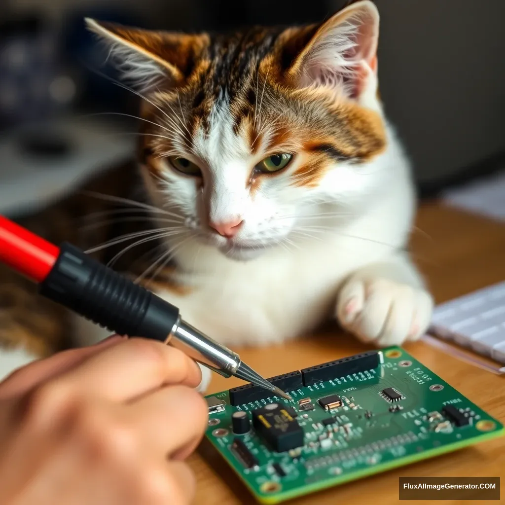 a cat fixing a PCB with a soldering iron