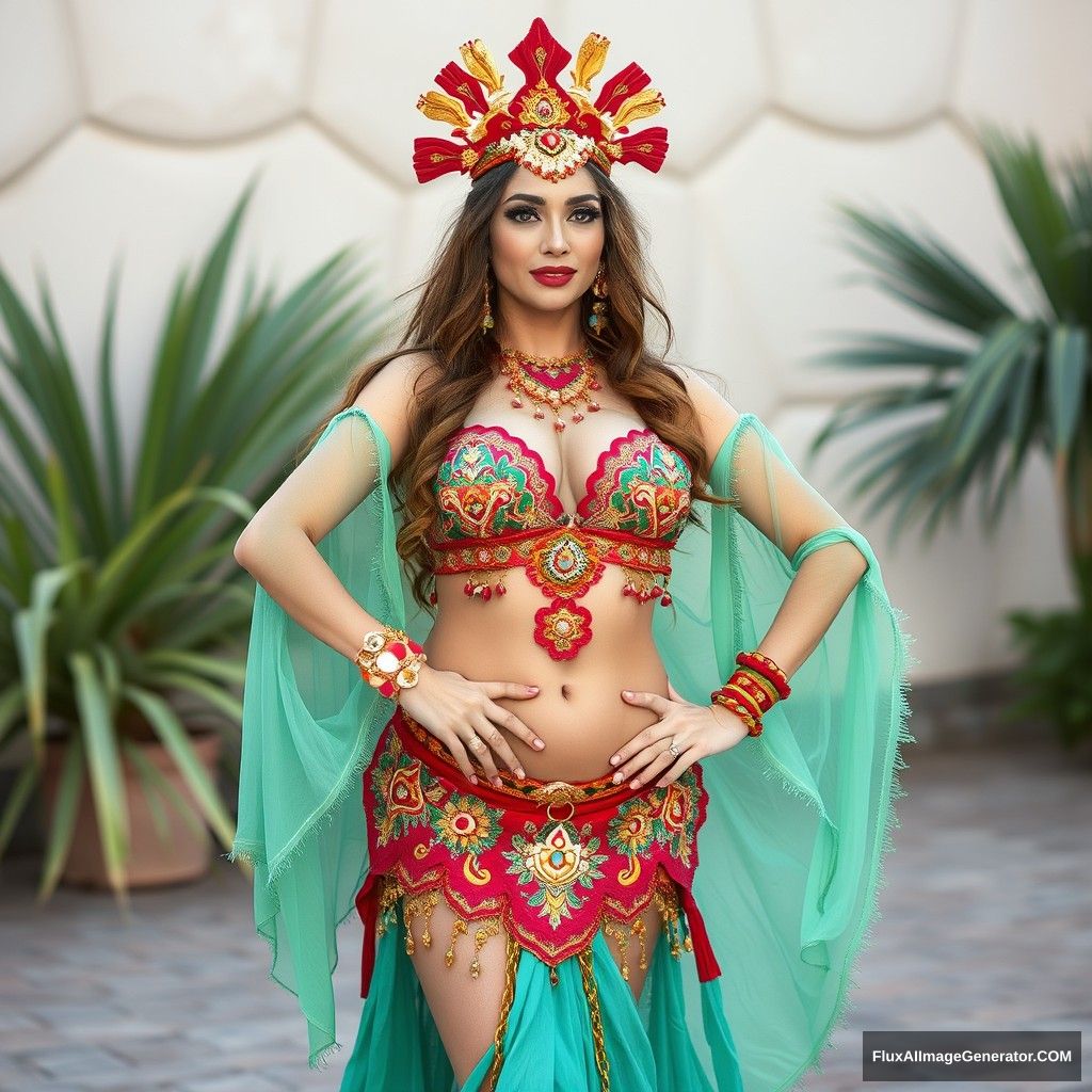 My mother is wearing an exotic belly dance outfit. - Image