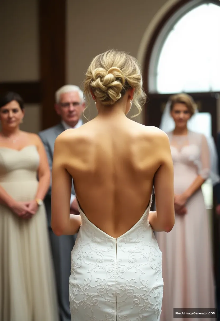 A short young woman, sensitive, delicate, ashamed, in a backless, strapless, side-less, low-waisted, open-back contouring wedding dress that's starting to come undone, in front of elder patriarchy, expectations.