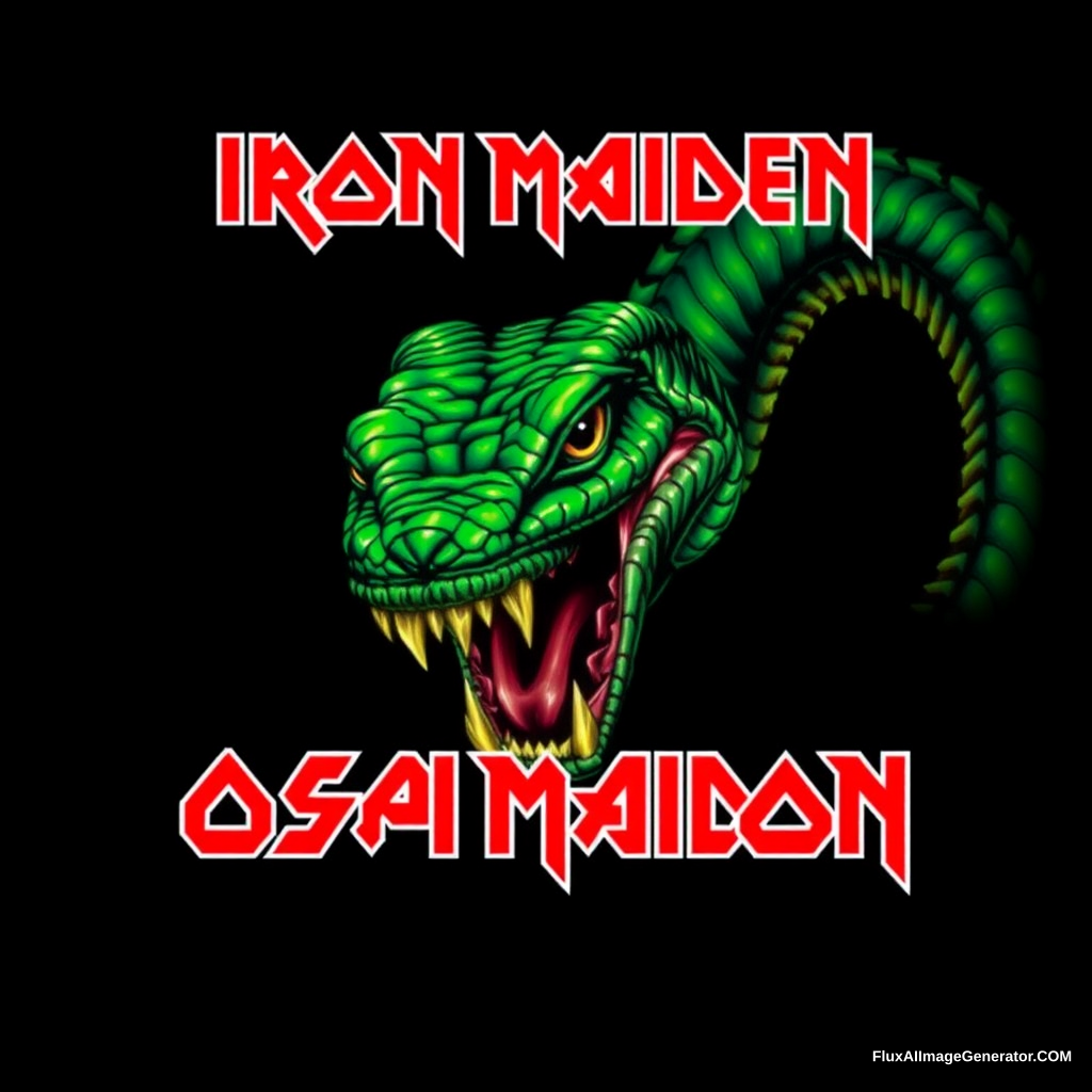 rapper album cover, Iron Maiden's band font, sharp angles, text "OSAMASON", black background, green snake in background - Image