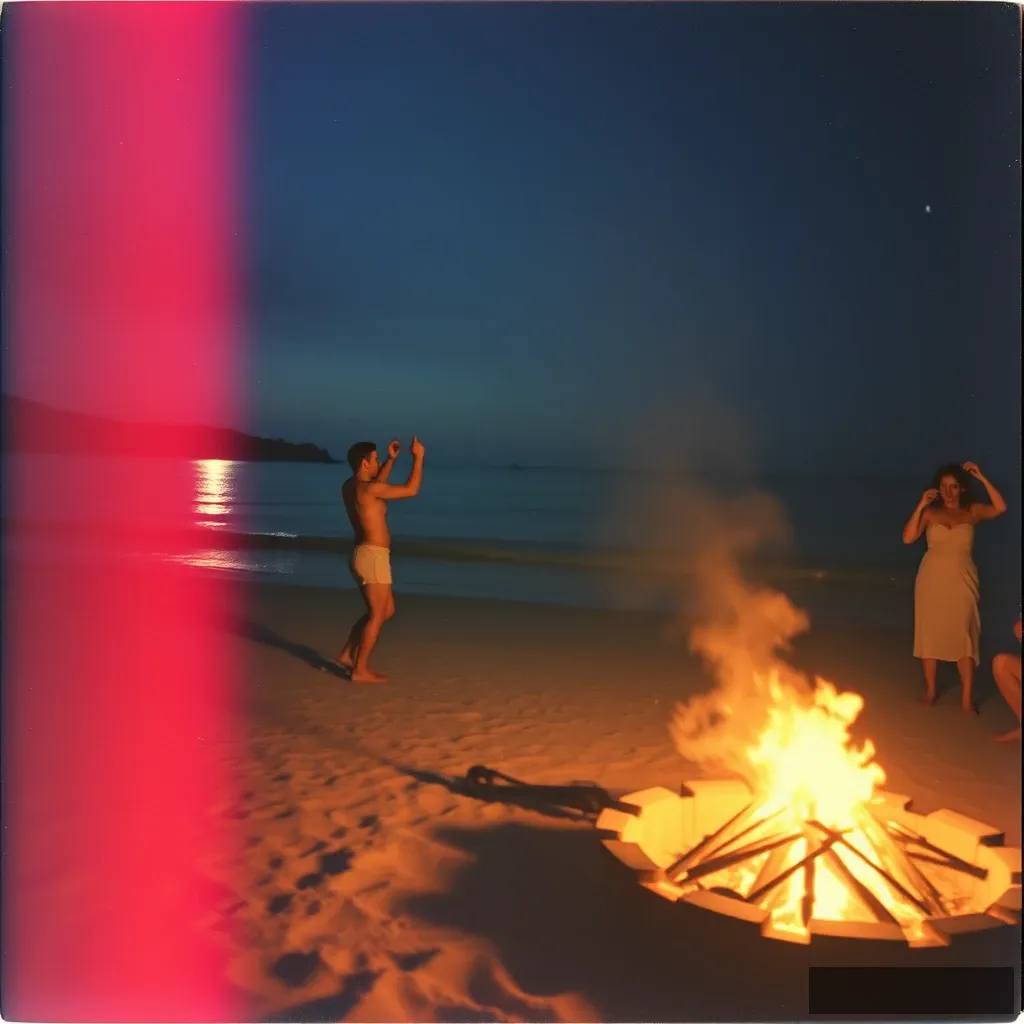 Dance beachside at midnight lit by campfire. Old Polaroid photo.