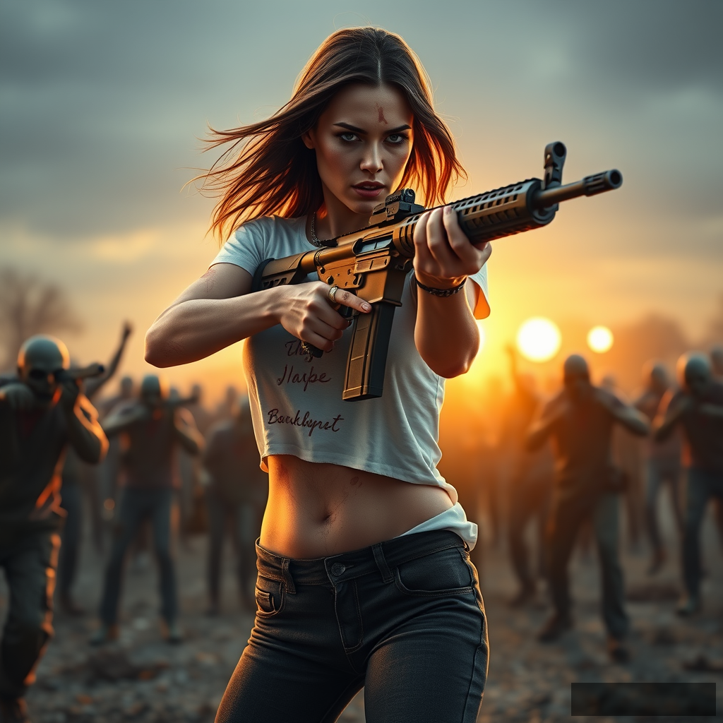 Portrait of a wounded sexy woman in a white t-shirt and a pair of black jeans holding an AR-15 rifle with both hands, assuming an aiming posture, surrounded by zombies, firing at zombies, wide angle, golden hour lighting, ray tracing, global illumination.