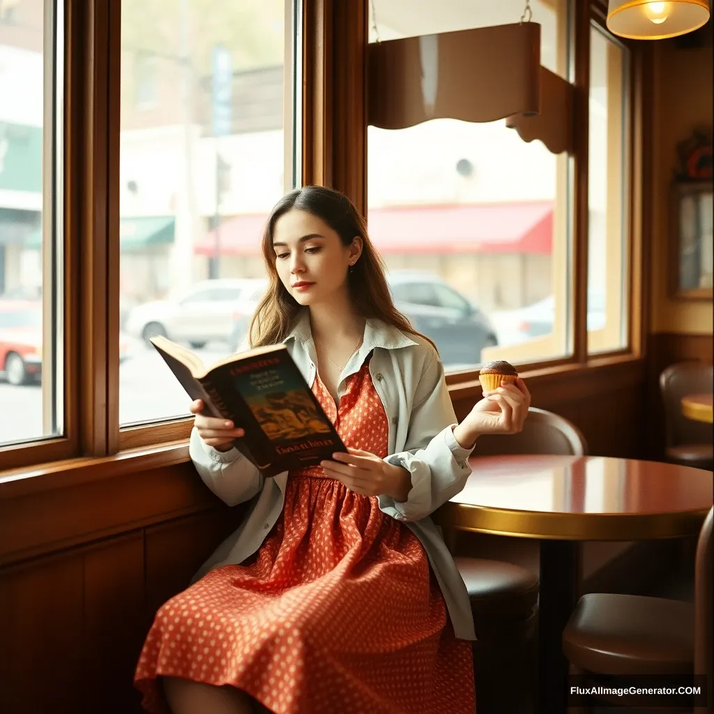 A model in a vintage dress and oversized shirt, sitting by a window in a cozy brunch cafe, reading a book and enjoying a cupcake. Film camera, warm tones, vintage aesthetic. - Image