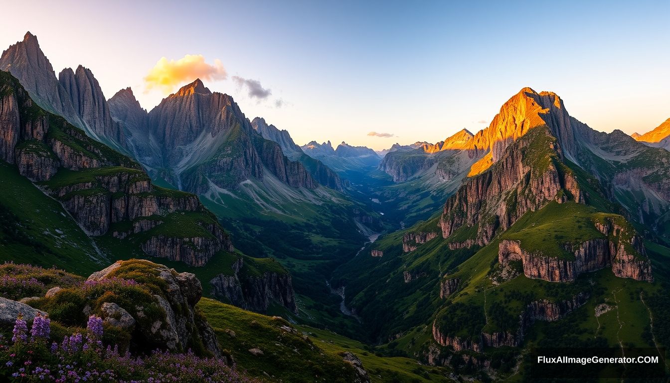 A stunning mountain range with sharp peaks and lush green valleys, bathed in the golden light of sunset. The rugged rocks are adorned with purple flowers that add contrast to their colors. In front is an isolated cliff face that reflects warm hues from behind it. A few clouds drift above, adding depth to the scene. Captured using a Sony Alpha camera with a panoramic lens, showcasing the majestic beauty of nature's grandeur in the style of landscape photography. 16k crystal clear resolutions image. --ar 7:3 -