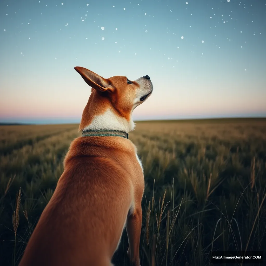 On the vast grassland, a dog looks up at the stars.