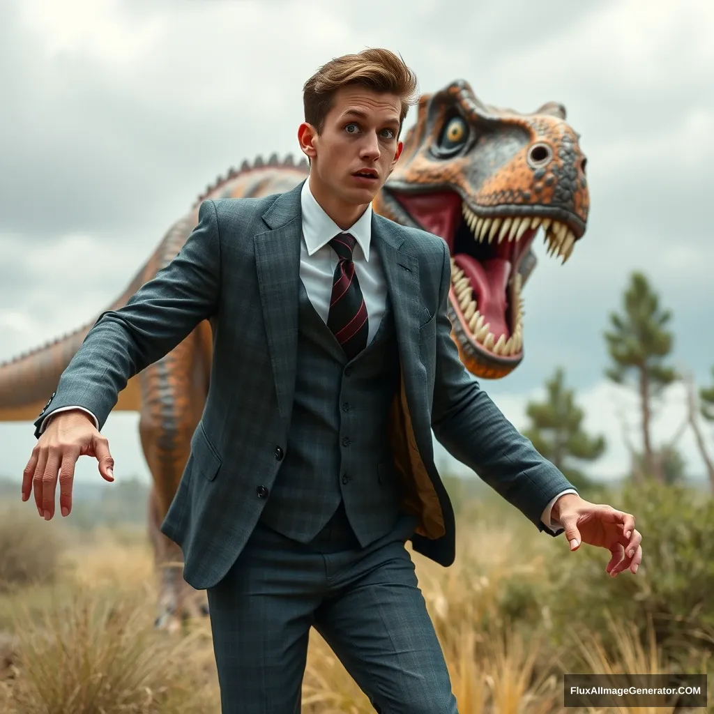 Handsome skinny guy in 3-piece suit. He looks scared as he's being chased by a dinosaur.