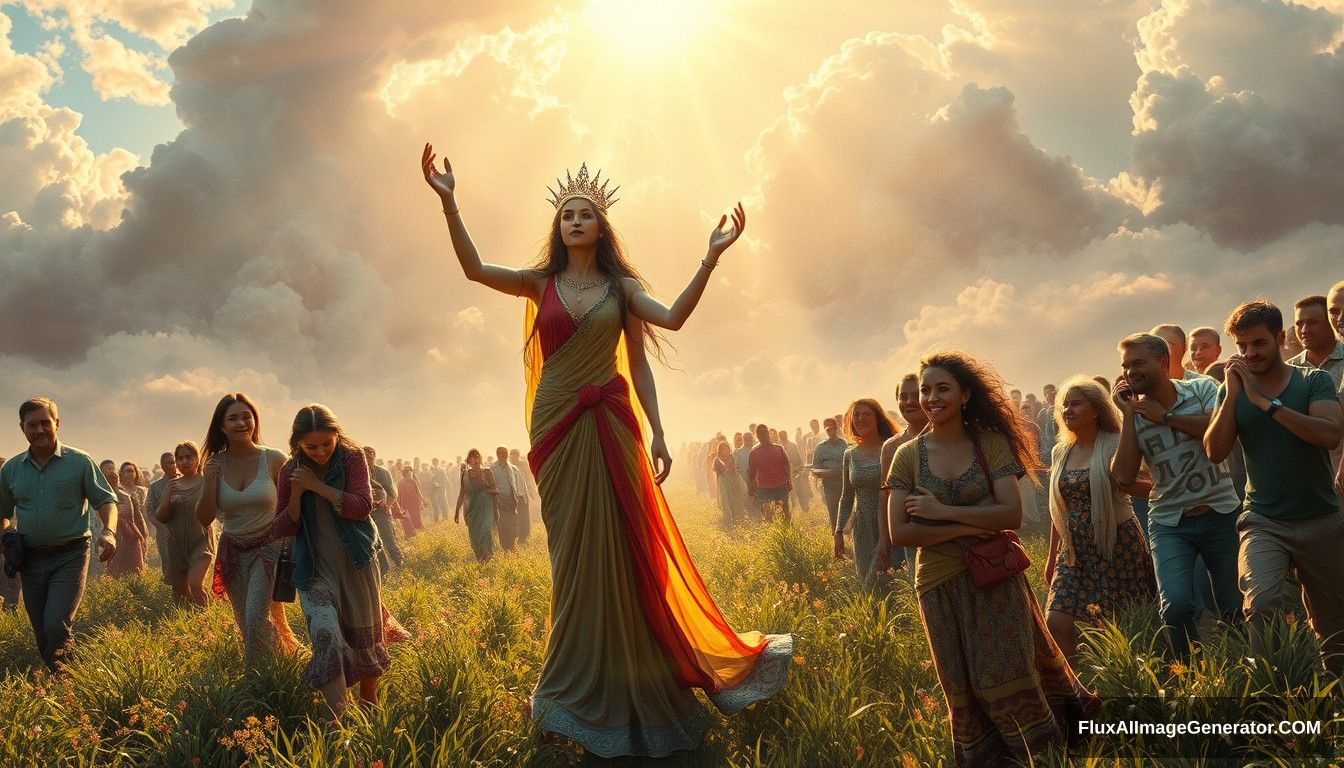 A powerful and inspiring image depicting the concept of freedom and food sovereignty. In the foreground, a goddess symbolizing decentralization leads the people towards a bright future, reminiscent of the iconic painting 'Goddess Leading the People.' The lady appears mostly human, with only about 10% of her body showing robotic elements. She is surrounded by families and individuals who are joyous and supportive, embracing and helping each other. The scene is vibrant and full of hope, capturing the essence of unity, progress, and decentralized, family-based agricultural production.