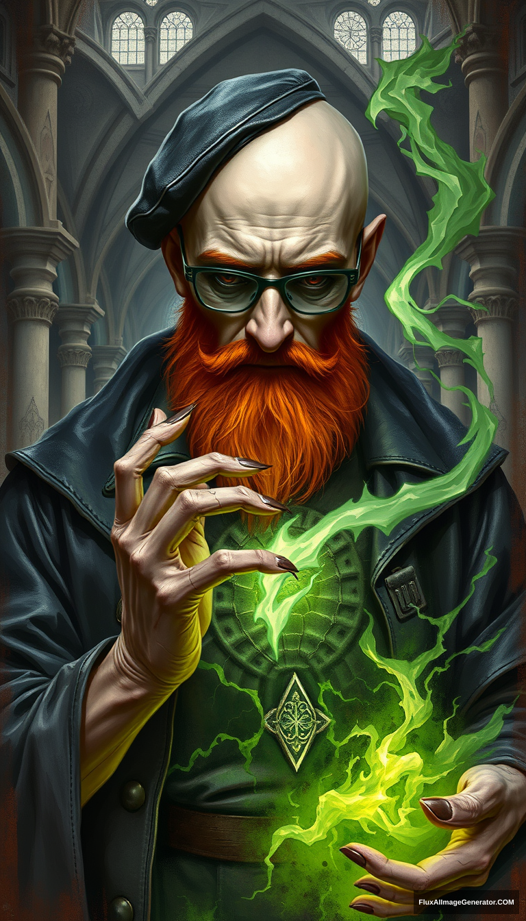 A bald human necromancer with a fiery ginger beard, flat cap, and aviator glasses undergoes a demonic transformation. His skin cracks, revealing obsidian beneath as he performs a lich ritual. Ethereal green energy swirls around him in a gothic cathedral. Dark fantasy oil painting style.