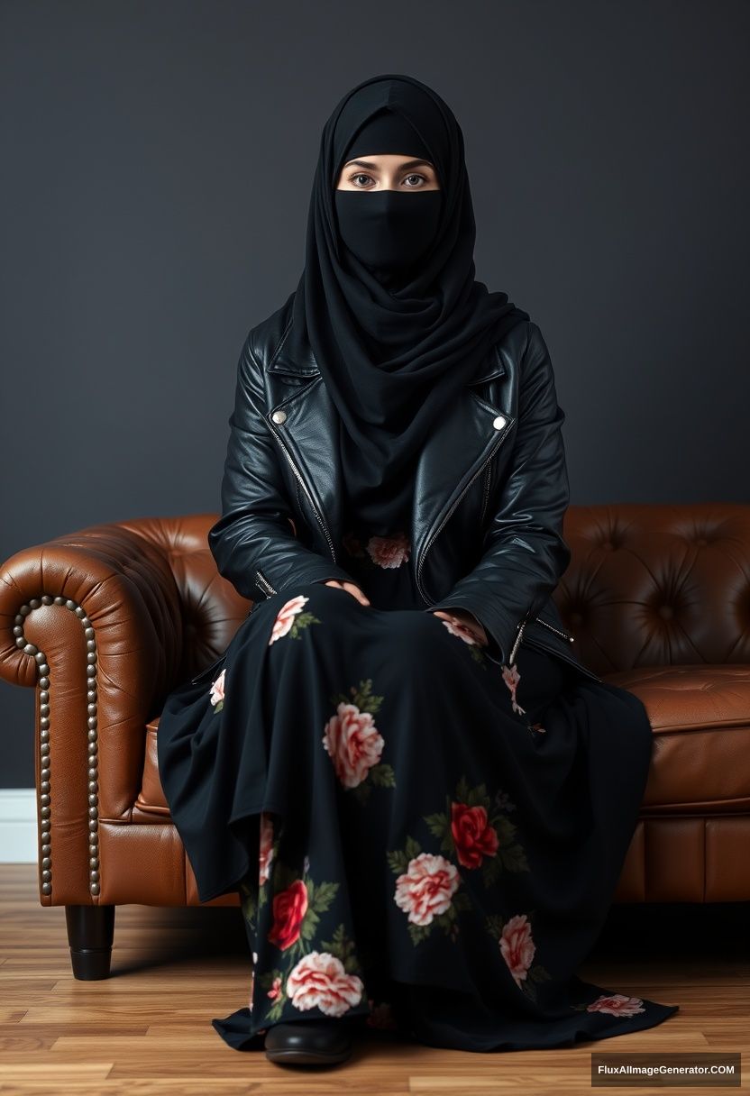 A biggest black hijab girl, burqa, beautiful eyes, black leather jacket, biggest floral long dress, sitting on leather single sofa, hyper realistic, studio photography.